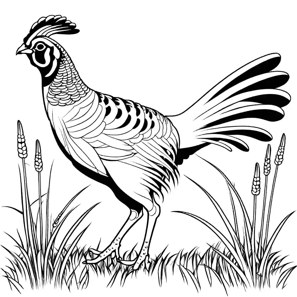 Coloring page of a regal Pheasant with striking markings walking in a meadow with tall grass coloring page
