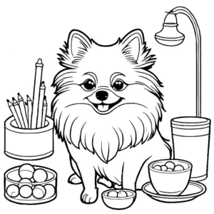Pomeranian relaxing on a fluffy pillow with toys and a water bowl nearby coloring page illustration coloring page