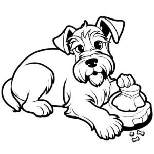 Schnauzer lying down with a bone coloring page