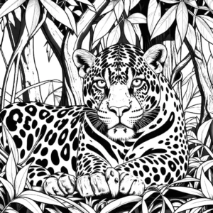 Jaguar resting under trees in lush jungle environment coloring page