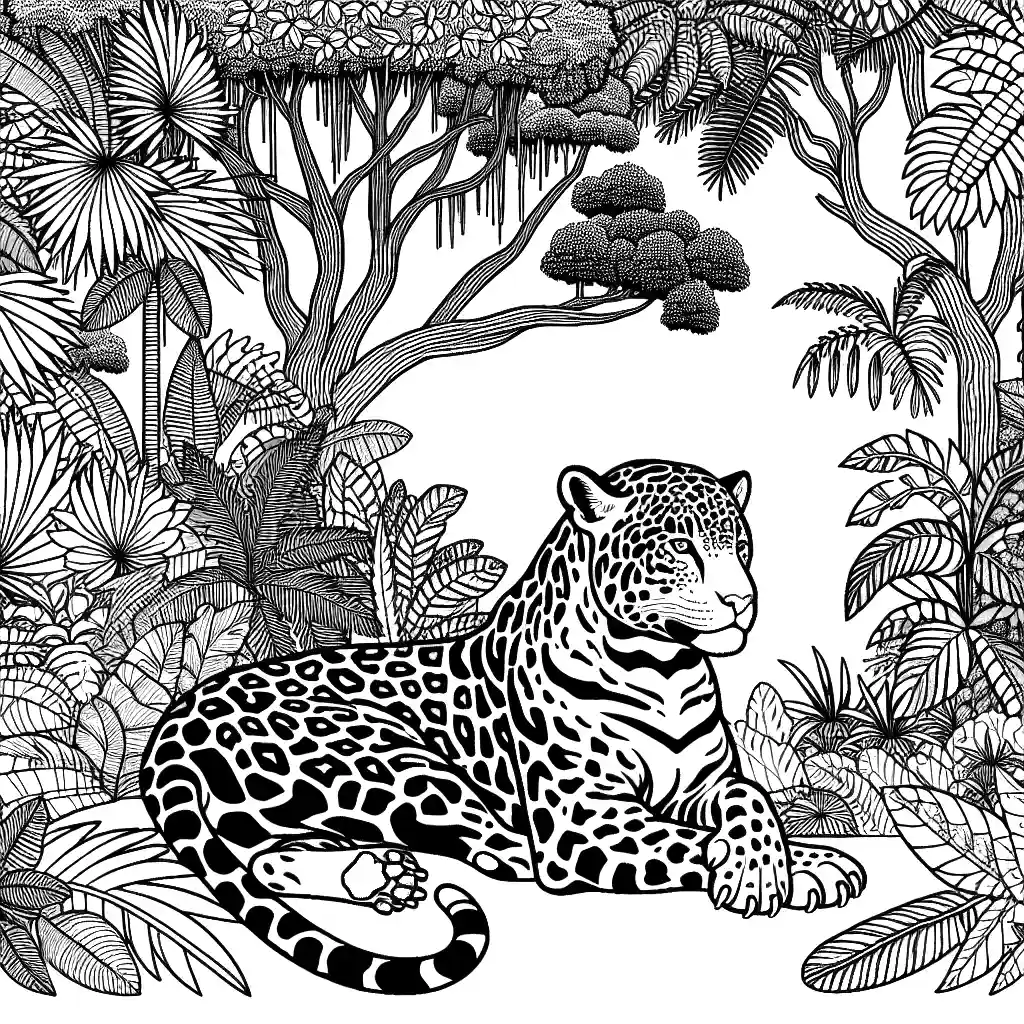 Jaguar resting in lush jungle surrounded by tropical foliage and trees coloring page