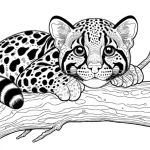 Ocelot with spotted fur and piercing eyes resting on a tree branch coloring page