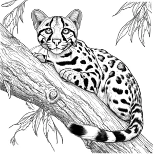 Spotted ocelot resting on tree branch coloring page
