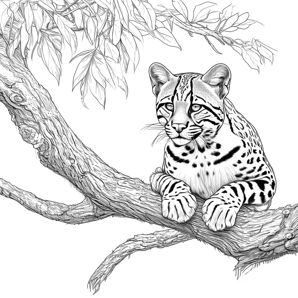 Detailed ocelot coloring page on tree branch coloring page