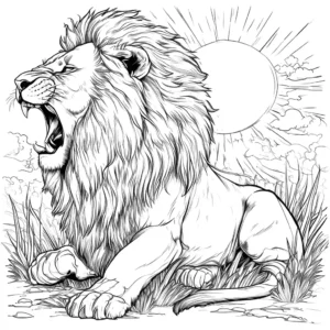 Roaring lion with fiery mane coloring page at sunset coloring page