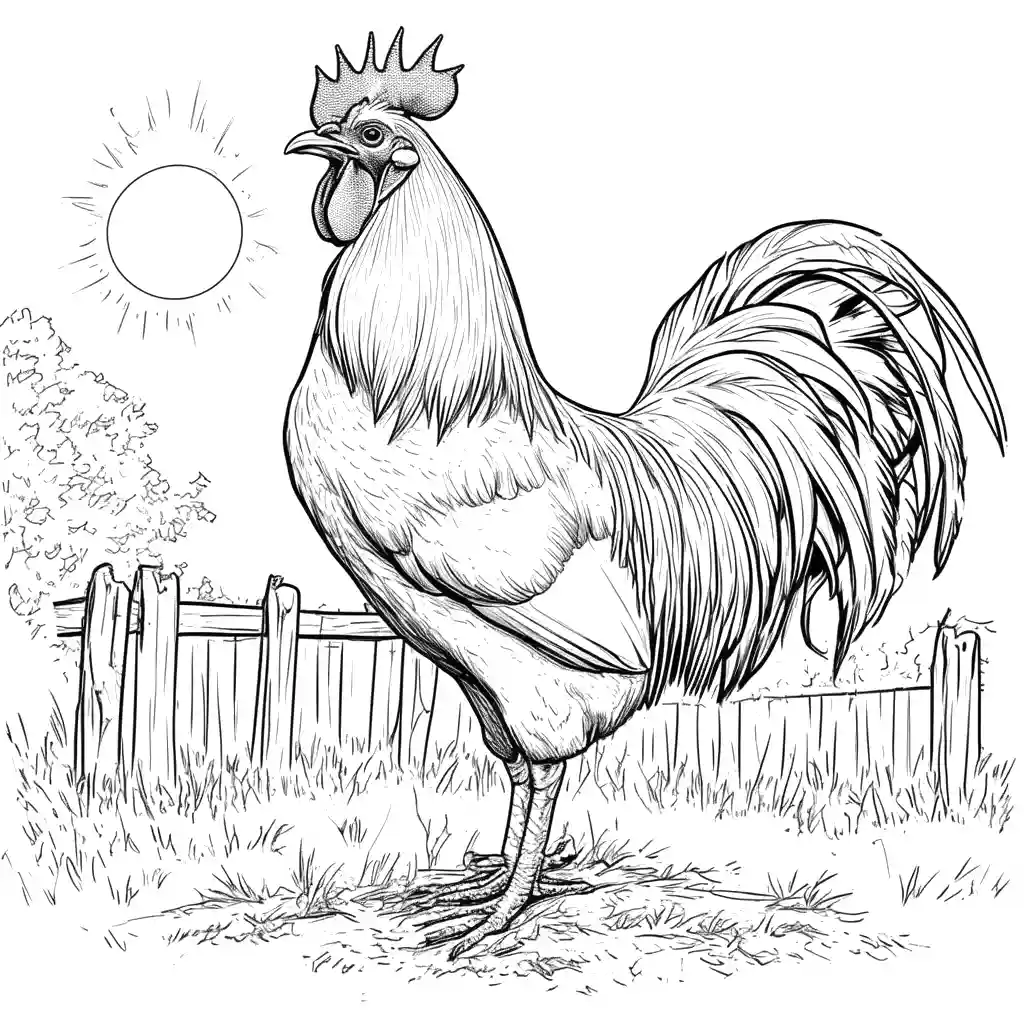 Rooster at sunrise with a fence and trees in the background coloring page for kids coloring page