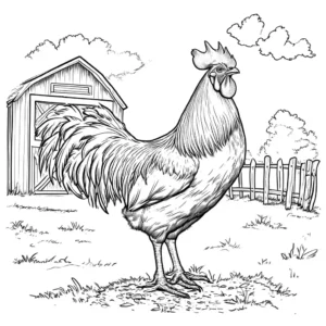 Rooster standing in a farmyard with a barn in the background coloring page for kids coloring page