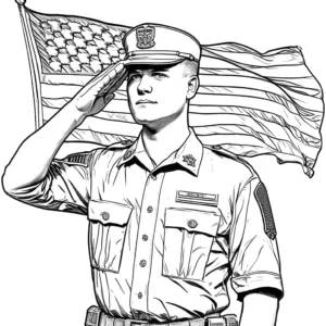 Soldier saluting in front of the American flag for Memorial Day coloring page