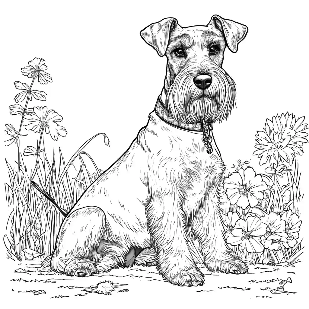 Schnauzer Dog Holding Leash in Garden Illustration for Coloring coloring page