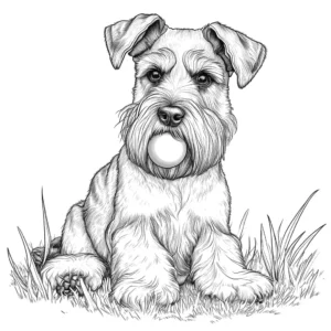 Schnauzer dog sitting on grass with a ball in its mouth sketch coloring page