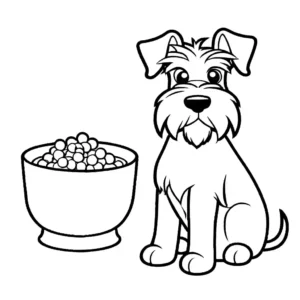 Schnauzer sitting next to a food bowl coloring page