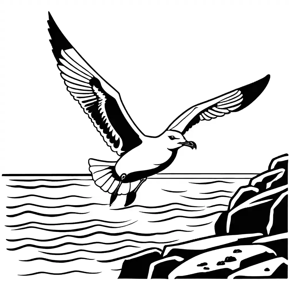 Seagull soaring over rocky shoreline coloring page