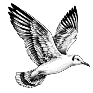 Seagull flying in the sky with clouds in the background coloring page