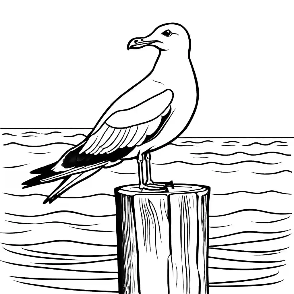 Seagull perched on a wooden post near the ocean coloring page