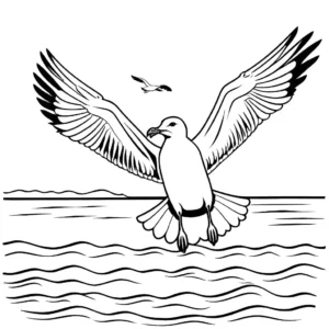 Seagull spreading wings against clear blue sky coloring page