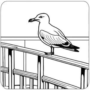 Seagull resting on boat's railing coloring page