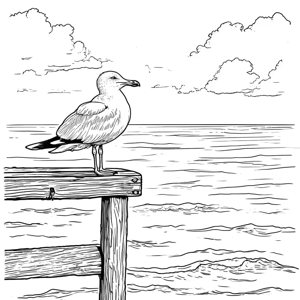 Seagull perched on a wooden dock overlooking the sea coloring page