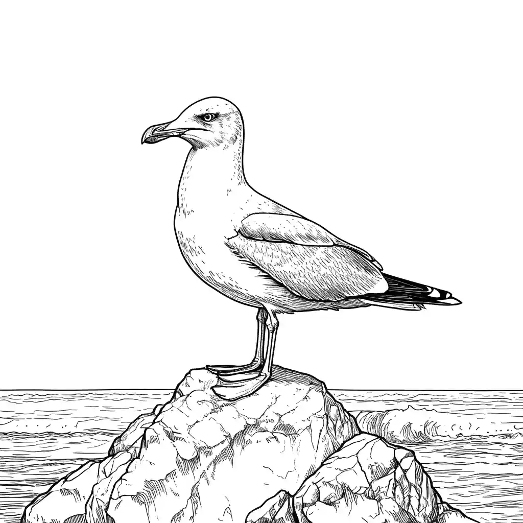 Seagull standing on a rock near the ocean coloring page