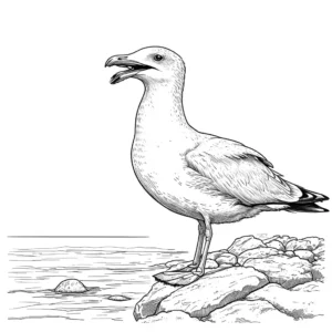 Seagull standing on a rocky shoreline coloring page