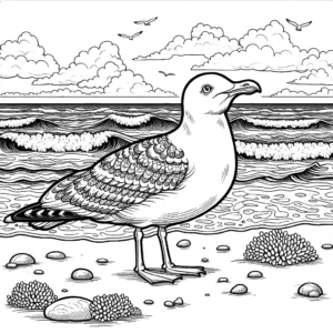 Seagull standing on the beach with waves in the background coloring page