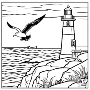 Seagull with lighthouse in the background coloring page