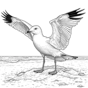 Seagull with outstretched wings standing on a sandy beach coloring page