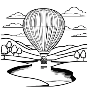 Serene hot air balloon ride over peaceful countryside with rolling hills, trees, and winding river coloring page