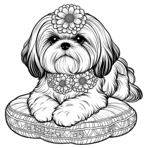 Shih Tzu Dog sitting on a cushion with a flower collar - Coloring Page