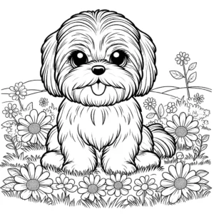 Adorable Shih Tzu dog sitting on a field of grass with flowers in the background coloring page