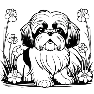 Shih Tzu dog sitting on grassy field with flowers in the background coloring page