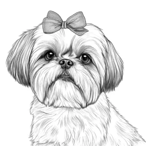 Realistic Shih Tzu sketch with a decorative bow for coloring page