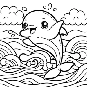 Adorable dolphin outline coloring page with wavy water background coloring page