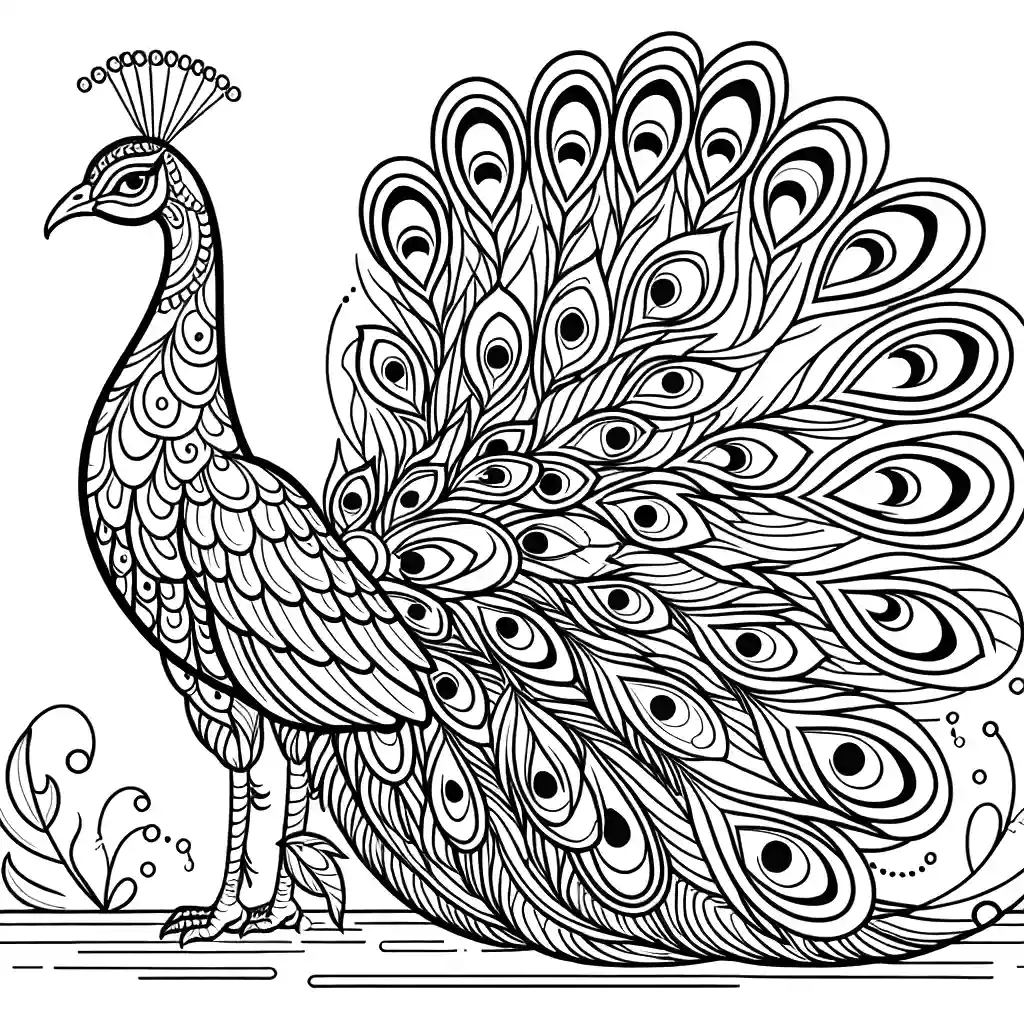 Simple Peacock black and white outline illustration coloring page
