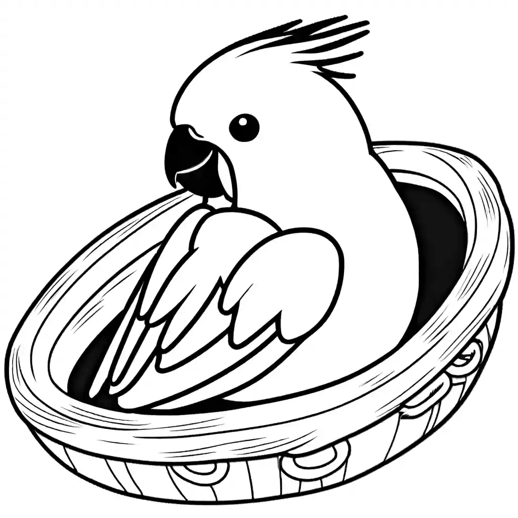 Sleepy cockatiel snuggled in a cozy nest coloring page
