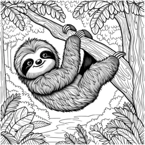 Sloth coloring page with jungle background coloring page