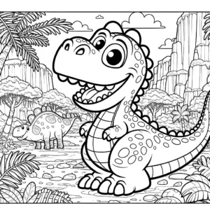 Cute and friendly cartoon dinosaur standing in a prehistoric landscape coloring page