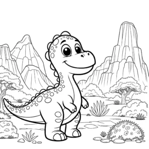 Friendly dinosaur coloring page in prehistoric environment coloring page