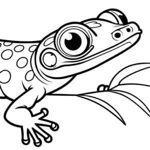 Smiling gecko with big eyes and a long tail on a leaf coloring page