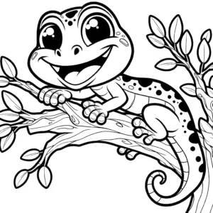 Happy Gecko coloring page on tree branch coloring page