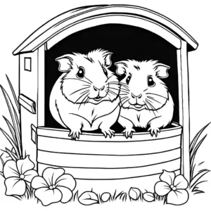Two guinea pigs cuddling in a hideout coloring page