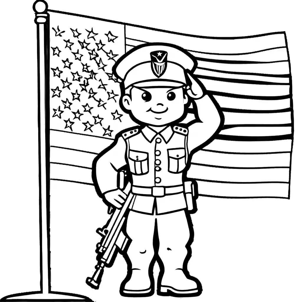 Soldier saluting in front of American flag coloring page for Memorial Day coloring page