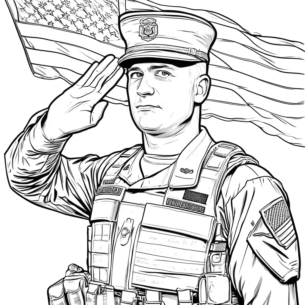 Soldier saluting with American flag in the background coloring page for Memorial Day coloring page