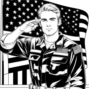 Soldier saluting at the American flag on Memorial Day coloring page