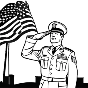 Soldier in uniform saluting with American flag in background on Memorial Day coloring page