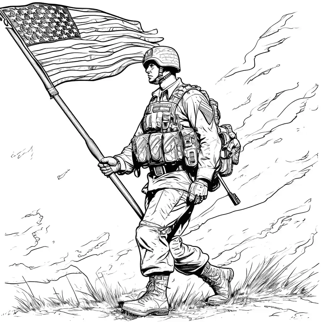 Soldier holding the American flag on a windy day coloring page