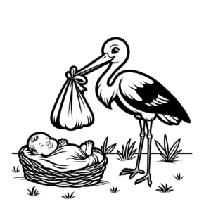 Stork delivering a bundle to a baby coloring page