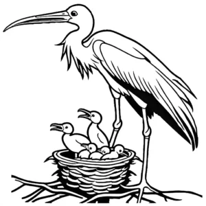 Stork bird feeding its chicks in a nest on a tall tree coloring page