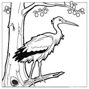 Stork bird nesting on a tree with its eggs coloring page