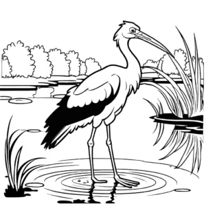 Stork bird with long neck and pointed beak standing near a pond coloring page