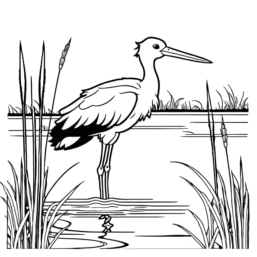 Stork bird in natural wetland habitat with reeds and blue sky coloring page